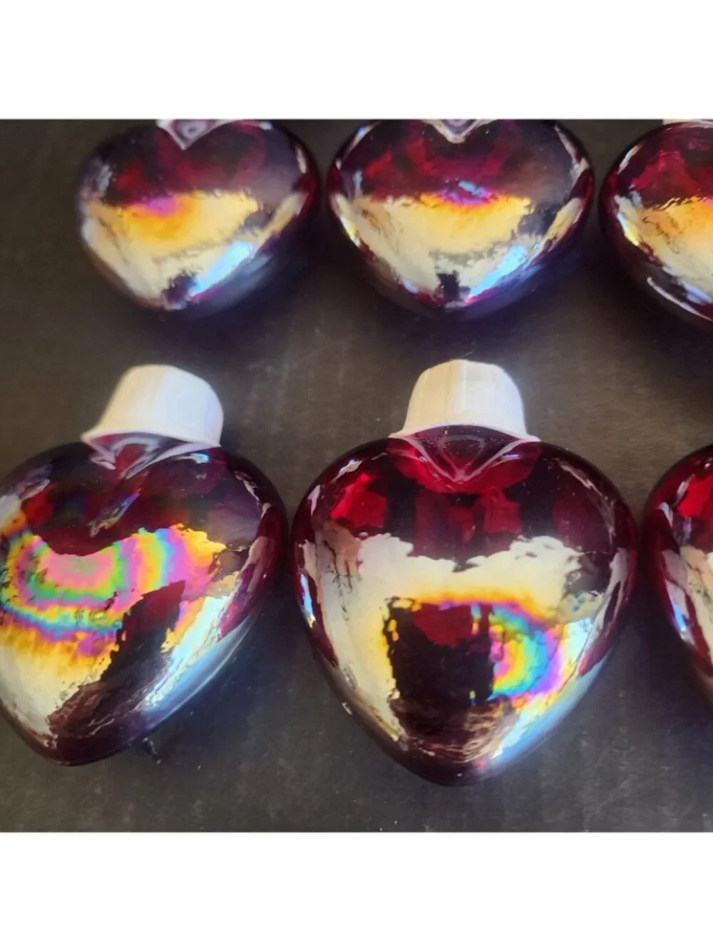 Vintage Iridescent Blown Glass Heart String Light Covers - Set of 9 - Ruby Red